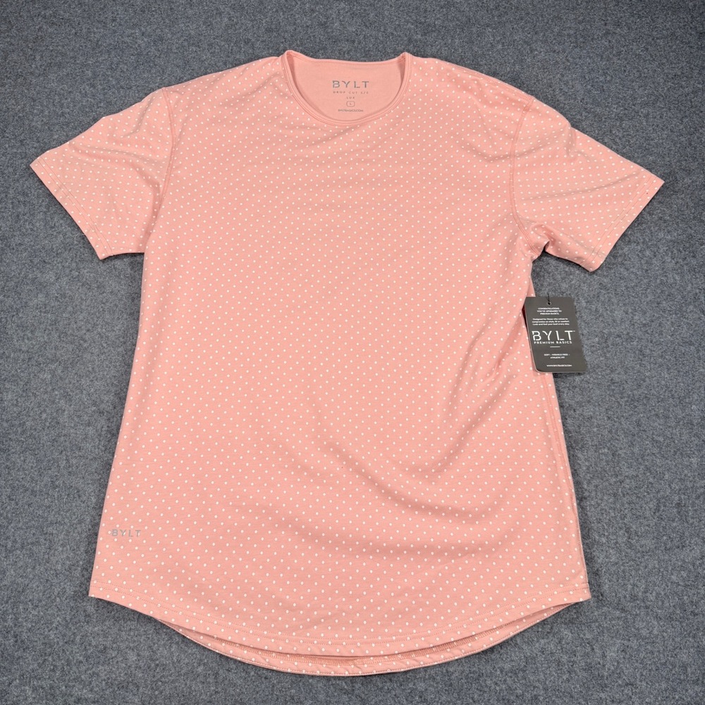 BYLT Premium Basics Drop Cut SS Lux Pink Polka Dot Athletic Fit Tee Shirt L